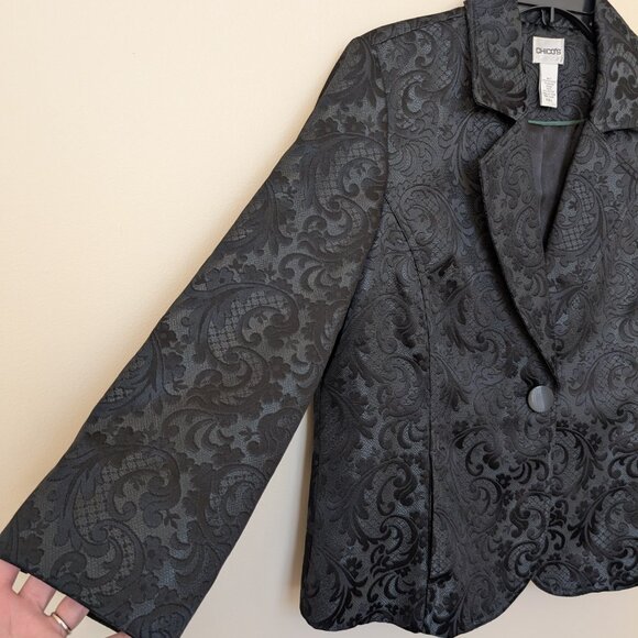 Chico's black and forest green brocade swing jacket blazer EUC size 2 Medium - Picture 3 of 10